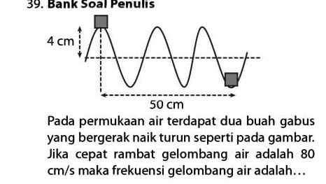 Bank Soal Penulis 
Pada permukaan air terdapat dua buah gabus 
yang bergerak naik turun seperti pada gambar. 
Jika cepat rambat gelombang air adalah 80
cm/s maka frekuensi gelombang air adalah…..