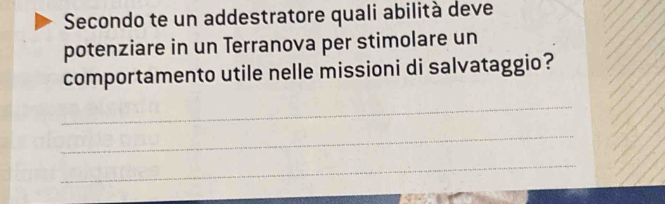 Secondo te un addestratore quali abilità deve 
potenziare in un Terranova per stimolare un 
comportamento utile nelle missioni di salvataggio? 
_ 
_ 
_