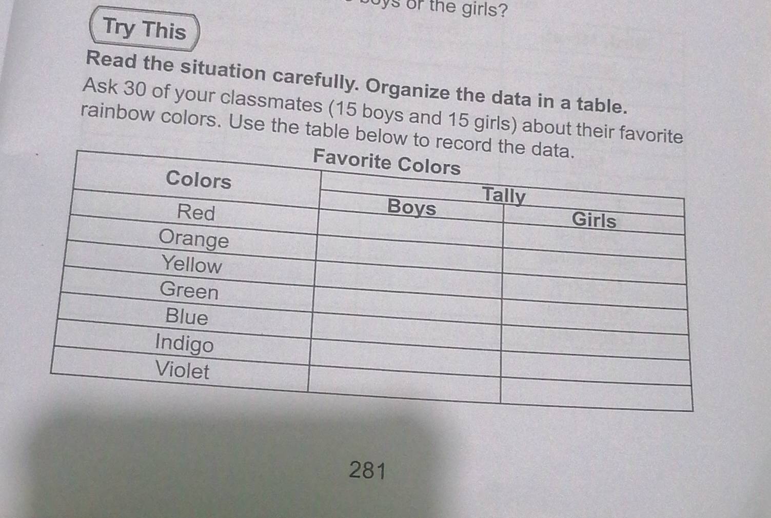 oys or the girls? 
Try This 
Read the situation carefully. Organize the data in a table. 
Ask 30 of your classmates (15 boys and 15 girls) about their favorite 
rainbow colors. Use the table below to reco 
281