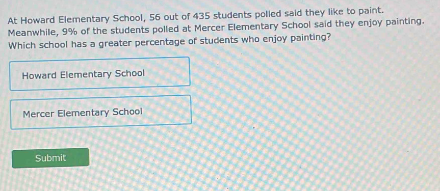 At Howard Elementary School, 56 out of 435 students polled said they like to paint.
Meanwhile, 9% of the students polled at Mercer Elementary School said they enjoy painting.
Which school has a greater percentage of students who enjoy painting?
Howard Elementary School
Mercer Elementary School
Submit