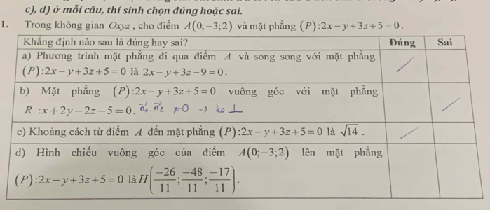 ở mỗi câu, thí sinh chọn đúng hoặc sai.
1. Trong không gian Oxyz , cho điểm A(0;-3;2) và mặt phẳng (P) 2x-y+3z+5=0.