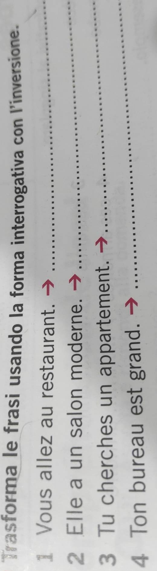 Trasforma le frasi usando la forma interrogativa con l'inversione. 
1 Vous allez au restaurant._ 
2 Elle a un salon moderne. 
_ 
3 Tu cherches un appartement. 
_ 
4 Ton bureau est grand. 
_