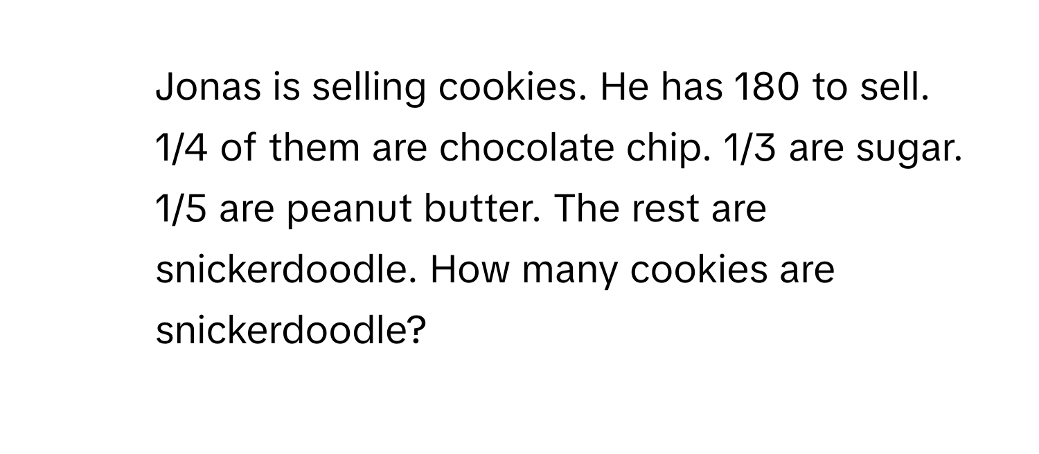 Jonas is selling cookies. He has 180 to sell. 1/4 of them are chocolate chip. 1/3 are sugar. 1/5 are peanut butter. The rest are snickerdoodle. How many cookies are snickerdoodle?