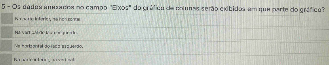 Os dados anexados no campo "Eixos" do gráfico de colunas serão exibidos em que parte do gráfico?
Na parte inferior, na horizontal.
Na vertical do lado esquerdo.
Na horizontal do lado esquerdo.
Na parte inferior, na vertical.