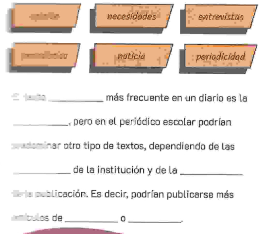 necesidades entrevistas 
noticia periodicidad 
_más frecuente en un diario es la 
_l pero en el periódico escolar podrían 
a deminar otro tipo de textos, dependiendo de las 
_de la institución y de la_ 
leria publicación. Es decir, podrían publicarse más 
mículos de_ 
_