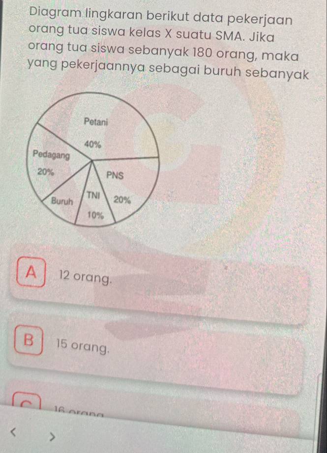 Diagram lingkaran berikut data pekerjaan
orang tua siswa kelas X suatu SMA. Jika
orang tua siswa sebanyak 180 orang, maka
yang pekerjaannya sebagai buruh sebanyak
A 12 orang.
B 15 orang.
1