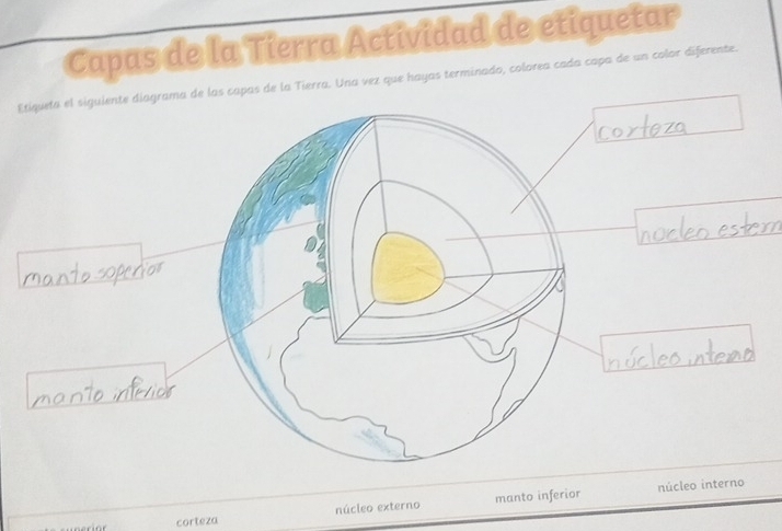 Capas de la Tierra Actividad de etiquetar
Etiqueta el siguiente diagrama de las capas de la Tierra. Una vez que hayas terminado, colorea cada capa de un color diferente.
corteza núcleo externo manto inferior núcleo interno