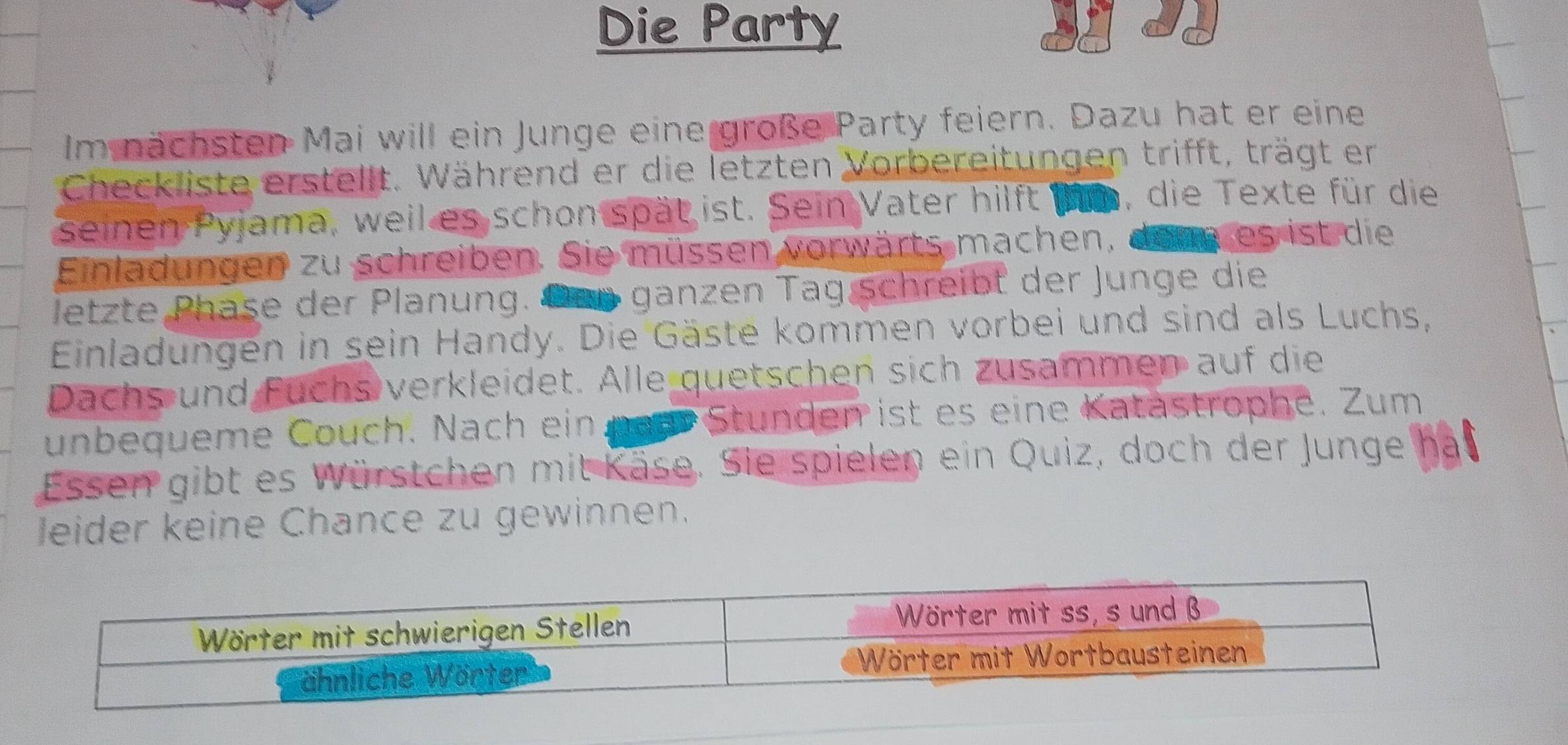 Die Party 
Im nächsten Mai will ein Junge eine große Party feiern. Dazu hat er eine 
Checkliste erstellt. Während er die letzten Vorbereitungen trifft, trägt er 
seinen Pyjama, weil es schon spät ist. Sein Vater hilft im, die Texte für die 
Einladungen zu schreiben. Sie müssen vorwärts machen, dom es ist die 
letzte Phase der Planung. t ganzen Tag schreibt der Junge die 
Einladungen in sein Handy. Die Gäste kommen vorbei und sind als Luchs, 
Dachs und Fuchs verkleidet. Alle quetschen sich zusammen auf die 
unbequeme Couch. Nach ein ner Stunden ist es eine Katastrophe. Zum 
Essen gibt es Würstchen mit Käse. Sie spielen ein Quiz, doch der Junge har 
leider keine Chance zu gewinnen.