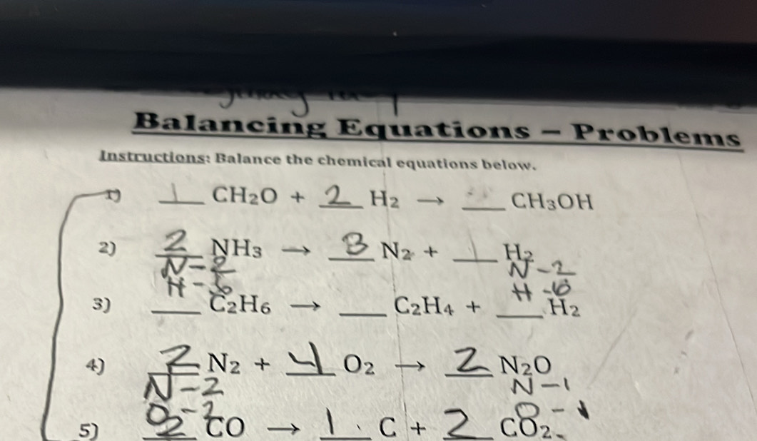 Balancing Equations - Problems 
Instructions: Balance the chemical equations below. 
1) 
_ CH_2O+ _  H_2
_ CH_3OH
2) 
_
NH_3
_ N_2+ _  H_2
3) 
_ C_2H_6
_ C_2H_4+ _  H_2
4) 
_ N_2+ _  O_2
_ N_2O
N 
5) 
_to 
_ C + _  CO_2