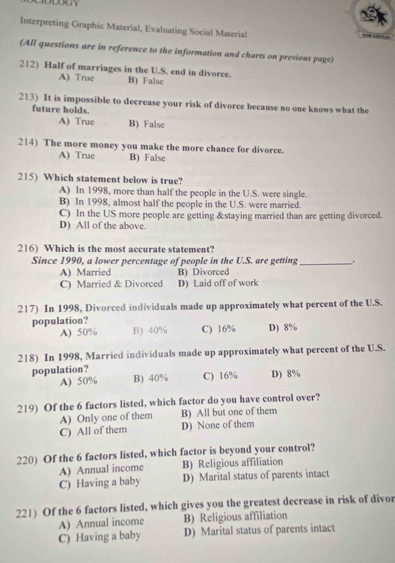 Interpreting Graphic Material, Evaluating Social Material
A 3
(All questions are in reference to the information and charts on previous page)
212) Half of marriages in the U.S, end in divorce.
A) True B) False
213) It is impossible to decrease your risk of divorce because no one knows what the
future holds.
A) True B) False
214) The more money you make the more chance for divorce.
A) True B) False
215) Which statement below is true?
A) In 1998, more than half the people in the U.S. were single.
B) In 1998, almost half the people in the U.S. were married.
C) In the US more people are getting &staying married than are getting divorced.
D) All of the above.
216) Which is the most accurate statement?
Since 1990, a lower percentage of people in the U.S. are getting _.
A) Married B) Divorced
C) Married & Divorced D) Laid off of work
217) In 1998, Divorced individuals made up approximately what percent of the U.S.
population?
A) 50% B) 40% C) 16% D) 8%
218) In 1998, Married individuals made up approximately what percent of the U.S.
population?
A) 50% B) 40% C) 16% D) 8%
219) Of the 6 factors listed, which factor do you have control over?
A) Only one of them B) All but one of them
C) All of them D) None of them
220) Of the 6 factors listed, which factor is beyond your control?
A) Annual income B) Religious affiliation
C) Having a baby D) Marital status of parents intact
221) Of the 6 factors listed, which gives you the greatest decrease in risk of divor
A) Annual income B) Religious affiliation
C) Having a baby D) Marital status of parents intact