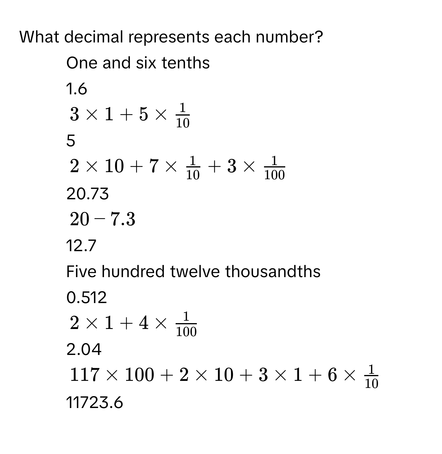 What decimal represents each number? 
1. One and six tenths 
1.6 
2. $3 * 1 + 5 *  1/10 $
3. 5 
3. $2 * 10 + 7 *  1/10  + 3 *  1/100 $
20.73 
4. $20 - 7.3$
12.7 
5. Five hundred twelve thousandths 
0.512 
6. $2 * 1 + 4 *  1/100 $
2.04 
7. $117 * 100 + 2 * 10 + 3 * 1 + 6 *  1/10 $
11723.6