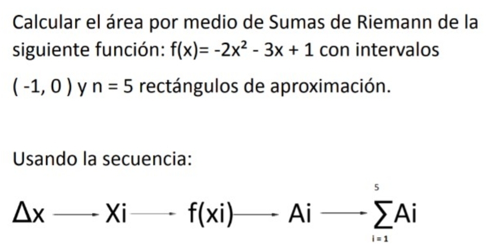 Calcular el área por medio de Sumas de Riemann de la 
siguiente función: f(x)=-2x^2-3x+1 con intervalos
(-1,0) y n=5 rectángulos de aproximación. 
Usando la secuencia: 
5
△ xto xito f(xi)to Aito sumlimits _i=1Ai