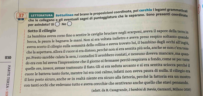 LETTERATURA Sottolinea nel brano le proposizioni coordinate, poi cerchia i legami grammaticali
che le collegano e gli eventuali segni di punteggiatura che le separano. Sono presenti coordinate
per asindeto? Sì No
Sotto il ciliegio
La bambina aveva corso fino a sentire le caviglie bruciare negli scarponi, aveva il sapore della terra in
bocca, la paura le bagnava le mani. Non si era voltata indietro e aveva preso respiro soltanto quando
aveva scorto il ciliegio sulla sommità della collina e aveva trovato lui, il bambino dagli occhi all'ingiù.
che la aspettava.Allora il cuore si era disteso, perché non si era sentita più sola, anche se non c’era tem-
510 po. Presto sarebbe calata la sera, i contadini li avrebbero contati, e nessuno doveva mancare, ma quan-
do era con lui aveva l'impressione che il giorno si fermasse perciò respirava a fondo, come se per tutte
quelle ore, invece, avesse trattenuto il fiato. Gli si era seduta accanto e si era sentita sciocca perché il
cuore le batteva tanto forte, mentre lui era così calmo, infatti non aveva paura di nulla. Il ciliegio era
il loro posto sicuro, anche se in realtà niente era sicuro alla fattoria, perché la fattoria era un mostro
con tanti occhi che vedevano tutto e aveva orecchie che sentivano anche quello che stavi pensando.
(adatt. da R. Casagrande, I bambini di Svevia, Garzanti, Milano 2020)