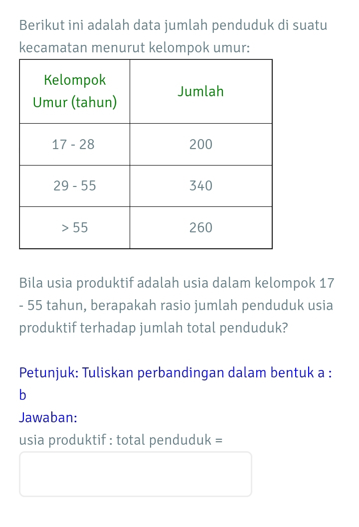 Berikut ini adalah data jumlah penduduk di suatu 
kecamatan menurut kelompok umur: 
Bila usia produktif adalah usia dalam kelompok 17
- 55 tahun, berapakah rasio jumlah penduduk usia 
produktif terhadap jumlah total penduduk? 
Petunjuk: Tuliskan perbandingan dalam bentuk a : 
b 
Jawaban: 
usia produktif : total penduduk =