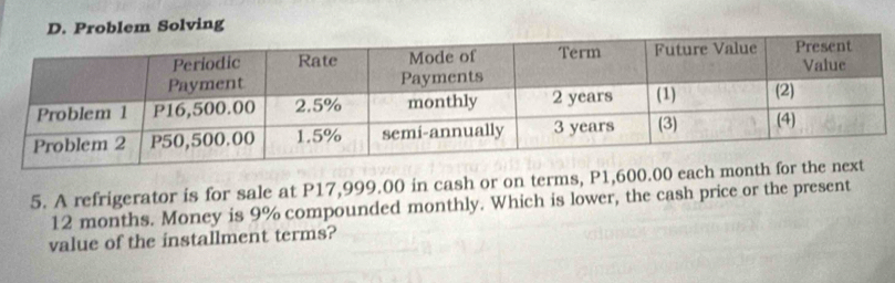 Problem Solving 
5. A refrigerator is for sale at P17,999.00 in cash or on terms, P1,600.00 each
12 months. Money is 9% compounded monthly. Which is lower, the cash price or the present 
value of the installment terms?