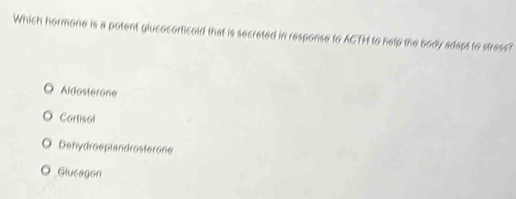 Which hormone is a potent glucocorticold that is secreted in response to ACTH to help the body adapt to stresst
Aldesterone
Cortisol
Dehydroeplandrosterone
Glucagon