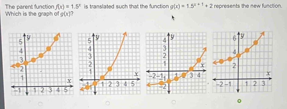 The parent function f(x)=1.5^x is translated such that the function g(x)=1.5^(x+1)+2 represents the new function. 
Which is the graph of g(x) ?