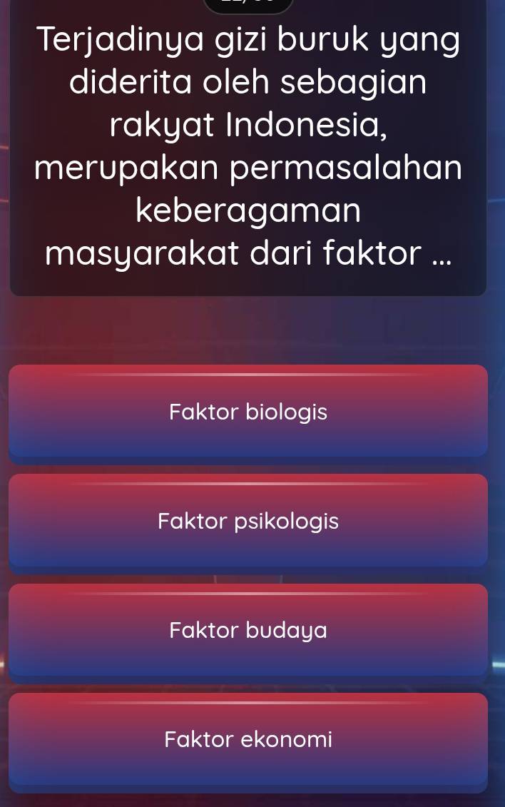 Terjadinya gizi buruk yang
diderita oleh sebagian
rakyat Indonesia,
merupakan permasalahan
keberagaman
masyarakat dari faktor ...
Faktor biologis
Faktor psikologis
Faktor budaya
Faktor ekonomi