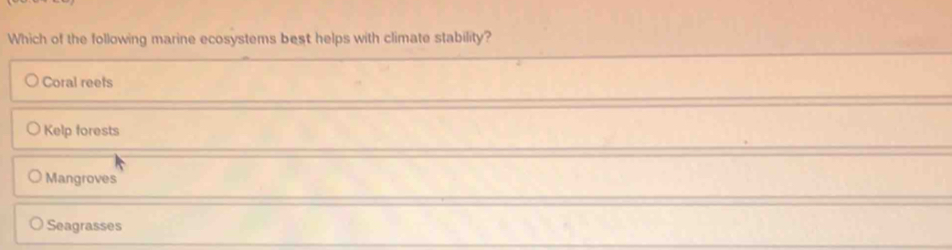 Which of the following marine ecosystems best helps with climate stability?
Coral reets
Kelp forests
Mangroves
Seagrasses