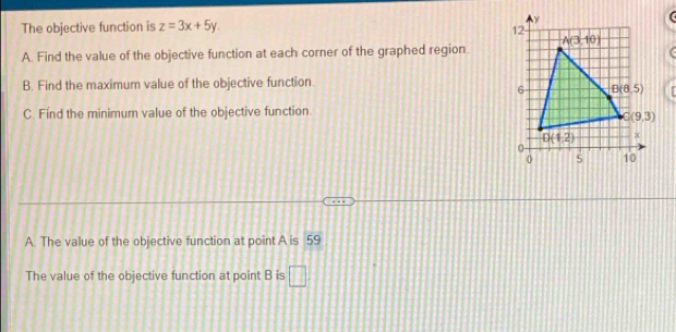 The objective function is z=3x+5y.
A. Find the value of the objective function at each corner of the graphed region.
B. Find the maximum value of the objective function.
C. Find the minimum value of the objective function.
A. The value of the objective function at point A is 59
The value of the objective function at point B is □