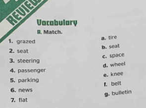 REUIEL
Vocabulary
A. Match.
a. tire
1. grazed
b. seat
2. seat
c. space
3. steering
d. wheel
4. passenger
e. knee
5. parking
f. belt
6. news
g. bulletin
7. flat