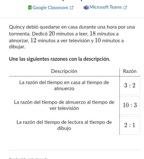 # Google Classroom Microsoft Teams
Quincy debió quedarse en casa durante una hora por una
tormenta. Dedicó 20 minutos a leer, 18 minutos a
almorzar, 12 minutos a ver televisión y 10 minutos a
dibujar.
Une las siguientes razones con la descripción.
Descripción Razón
La razón del tiempo en casa al tiempo de 3:2
almuerzo
La razón del tiempo de almuerzo al tiempo de 10:3
ver televisión
La razón del tiempo de lectura al tiempo de 2:1
dibujo