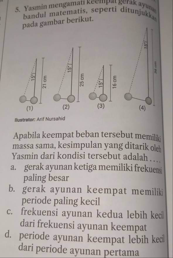 Yasmin mengamati keempat gerak ayuna
bandul matematis, seperti ditunjukka
pada gambar berikut.
in
tn 。 。 in 。
(1) (2) (3) 
Ilustrator: Arif Nursahid
Apabila keempat beban tersebut memilik
massa sama, kesimpulan yang ditarik oleh
Yasmin dari kondisi tersebut adalah ….
a. gerak ayunan ketiga memiliki frekuensi
paling besar
b. gerak ayunan keempat memiliki
periode paling kecil
c. frekuensi ayunan kedua lebih kecil
dari frekuensi ayunan keempat
d. periode ayunan keempat lebih kecil
dari periode ayunan pertama