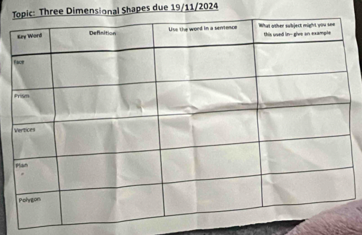 ree Dimensional Shapes due 19/11/2024