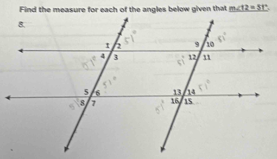 m∠ 12=51°