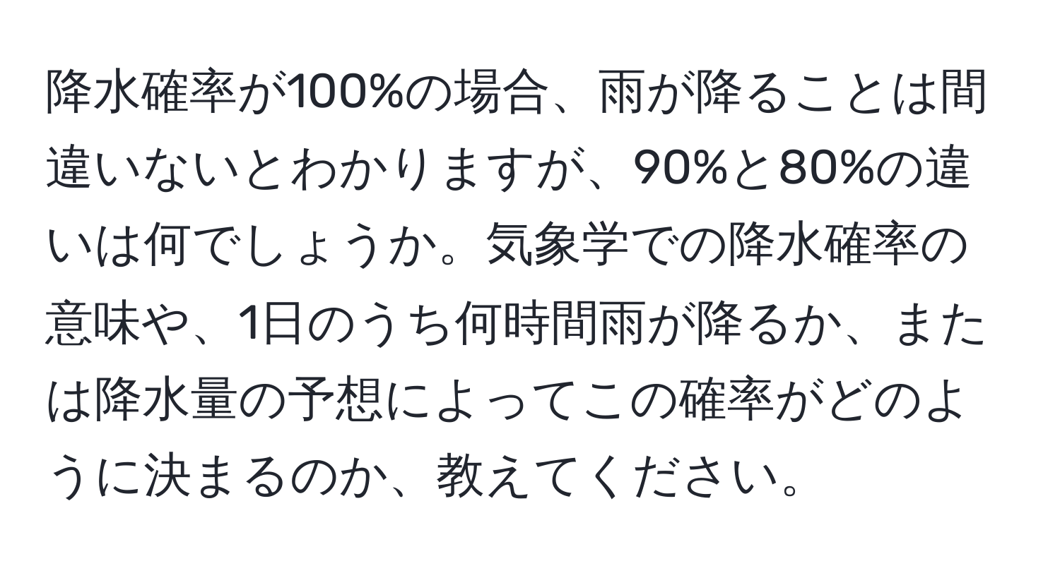 降水確率が100%の場合、雨が降ることは間違いないとわかりますが、90%と80%の違いは何でしょうか。気象学での降水確率の意味や、1日のうち何時間雨が降るか、または降水量の予想によってこの確率がどのように決まるのか、教えてください。