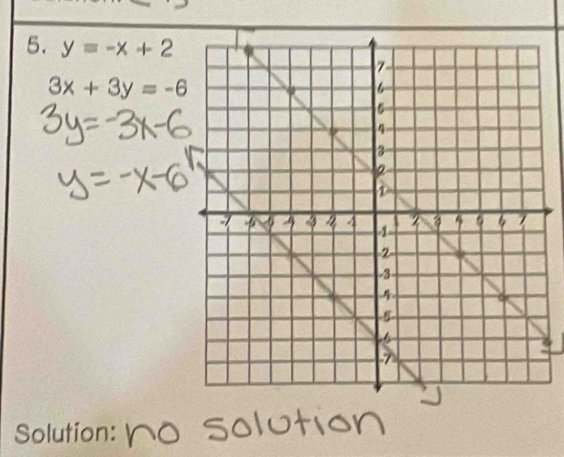 y=-x+2
3x+3y=-6
Solution: