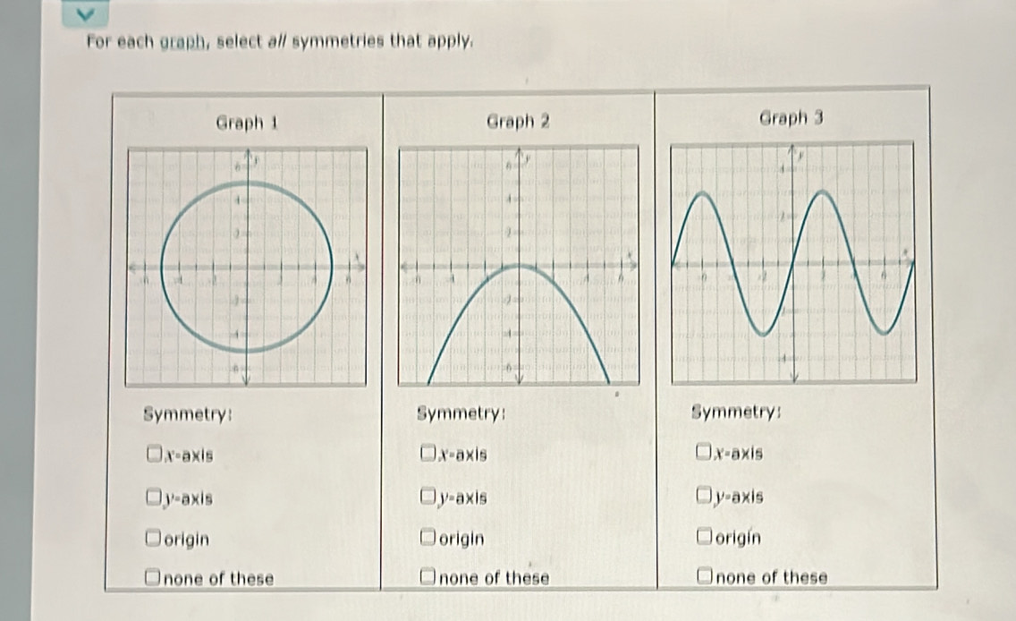 For each graph, select a/ symmetries that apply.
Graph 1 Graph 2 Graph 3
Symmetry: Symmetry: Symmetry:
x-axis
x-axis
x-axis
y-axis
y-axis
y-axis
origin origin or inie
none of these none of these none of these