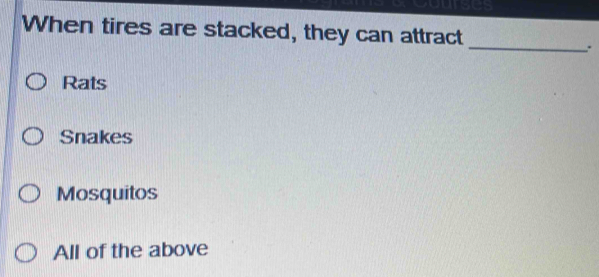 When tires are stacked, they can attract
_
Rats
Snakes
Mosquitos
All of the above