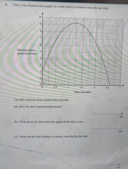 Solved: Here is the distance-time graph for a ball which is thrown ...
