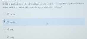 Q036) in the final step of the citric acid cycle, oxaloacetate is regemerated through the uxidation of
malate and this is coupled with the production of which other molecule?
a) FADH
b) naDh
C) GTP
d CO,