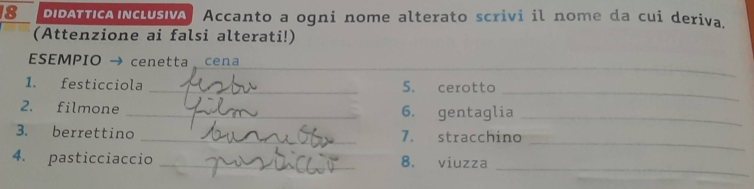 DIDATTICA INCLUSIVA Accanto a ogni nome alterato scrivi il nome da cui deriva. 
(Attenzione ai falsi alterati!) 
_ 
_ 
ESEMPIO → cenetta cena 
_ 
1. festicciola _5. cerotto 
2. filmone _6. gentaglia_ 
_ 
3. berrettino _7. stracchino 
_ 
4. pasticciaccio _8. viuzza