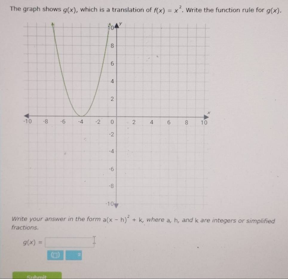 The graph shows g(x) , which is a translation of f(x)=x^2. Write the function rule for g(x). 
Write your answer in the form a(x-h)^2+k, where a, h, and k are integers or simplified 
fractions.
g(x)=□
() □ ? 
Suhmit