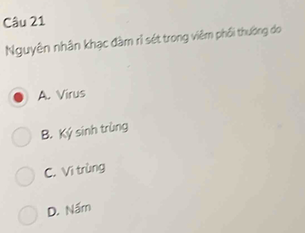 Nguyên nhân khạc đàm rì sét trong viêm phối thường do
A. Virus
B. Ký sinh trùng
C. Vi trùng
D. Nấm