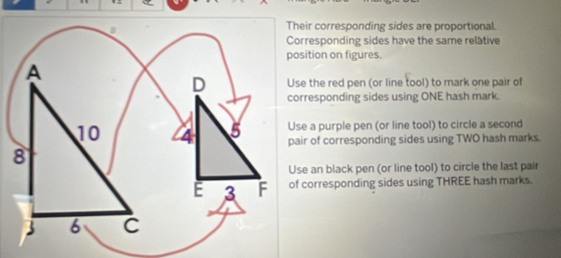 eir corresponding sides are proportional. 
rresponding sides have the same relative 
sition on figures 
e the red pen (or line tool) to mark one pair of 
rresponding sides using ONE hash mark. 
e a purple pen (or line tool) to circle a second 
ir of corresponding sides using TWO hash marks. 
se an black pen (or line tool) to circle the last pair 
corresponding sides using THREE hash marks.