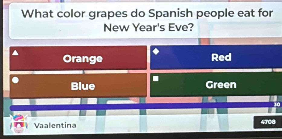 What color grapes do Spanish people eat for 
New Year's Eve? 
Orange 
Red 
Blue Green
30
Vaalentina
4708