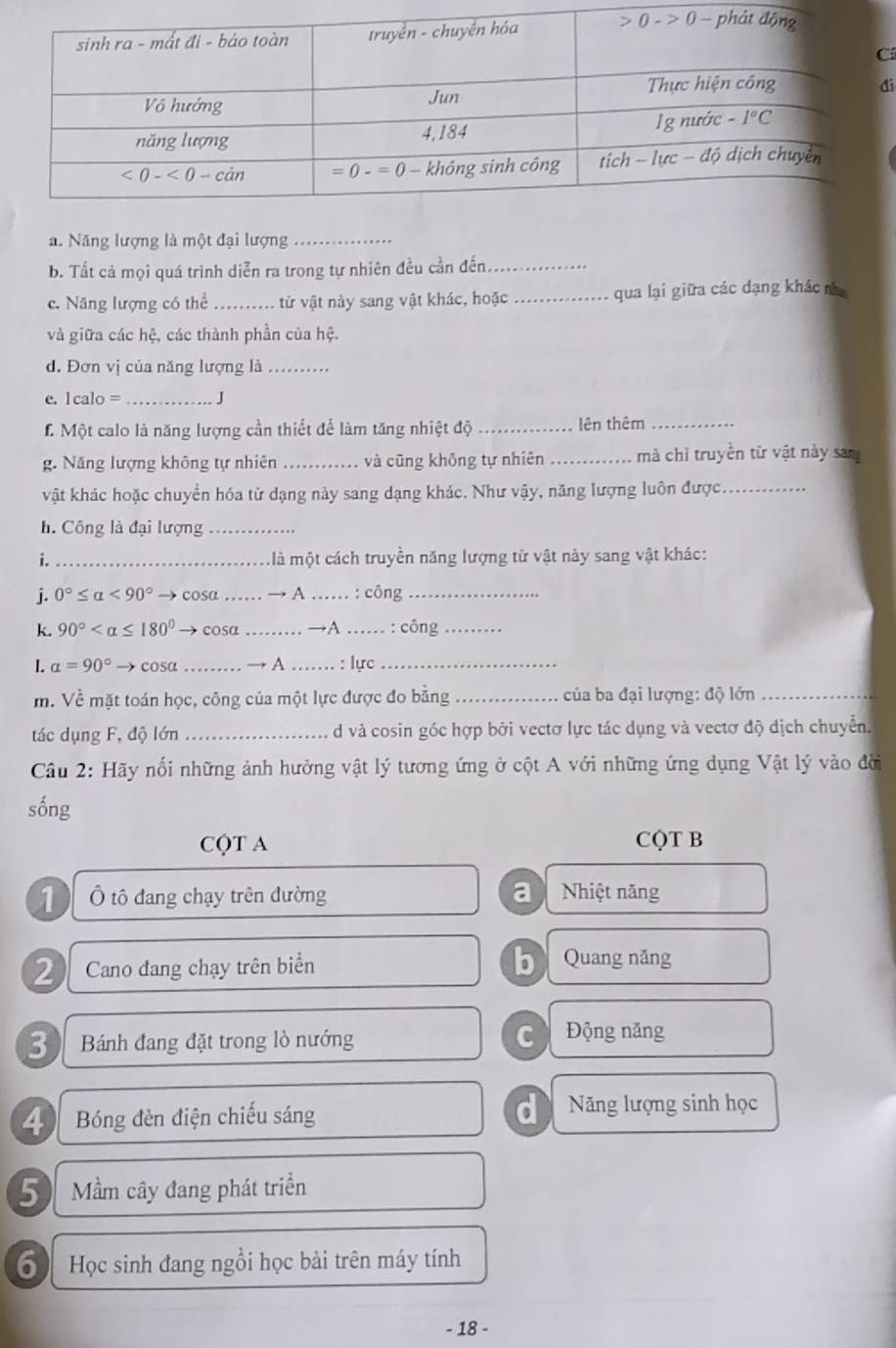 Năng lượng là một đại lượng_
b. Tất cả mọi quá trình diễn ra trong tự nhiên đều cần đến_
c. Năng lượng có thể _từ vật này sang vật khác, hoặc _qua lại giữa các dạng khác nà
và giữa các hệ, các thành phần của hệ.
d. Đơn vị của năng lượng là_
e. l calo = _J
L. Một calo là năng lượng cần thiết để làm tăng nhiệt độ _lên thêm_
g. Năng lượng không tự nhiên _và cũng không tự nhiên _mà chỉ truyền từ vật này san
vật khác hoặc chuyển hóa từ dạng này sang dạng khác. Như vậy, năng lượng luôn được._
h. Công là đại lượng_
i. .._ mlà một cách truyền năng lượng từ vật này sang vật khác:
j. 0°≤ alpha <90° → cosa …… → A ...... : công
  
k. 90° → cosa ......... →A ...... : công
I. alpha =90° → cosa …… → A ……. : lực
m. Về mặt toán học, công của một lực được đo bằng _ của ba đại lượng: độ lớn_
tác dụng F, độ lớn                A d và cosin góc hợp bởi vectơ lực tác dụng và vectơ độ dịch chuyển.
Câu 2: Hãy nổi những ảnh hưởng vật lý tương ứng ở cột A với những ứng dụng Vật lý vào đời
sống
CQT A CQT B
1) Ô tô đang chạy trên đường a Nhiệt năng
2 Cano dang chạy trên biển b Quang năng
3  Bánh đang đặt trong lò nướng Động năng
4 Bóng đèn điện chiếu sáng
d Năng lượng sinh học
5 Mầm cây đang phát triển
6  Học sinh đang ngồi học bài trên máy tính
- 18 -