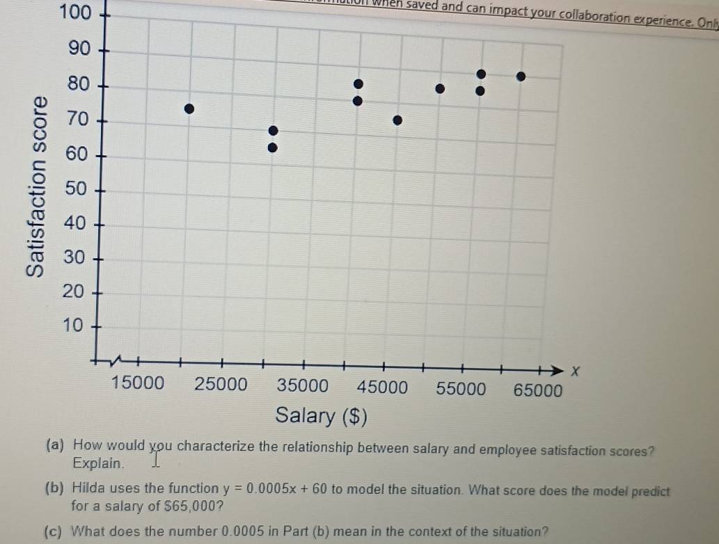 100 
o1 when saved and can impact your collaboration experience. Onh 
s? 
Explain. 
(b) Hilda uses the function y=0.0005x+60 to model the situation. What score does the model predict 
for a salary of $65,000? 
(c) What does the number 0.0005 in Part (b) mean in the context of the situation?