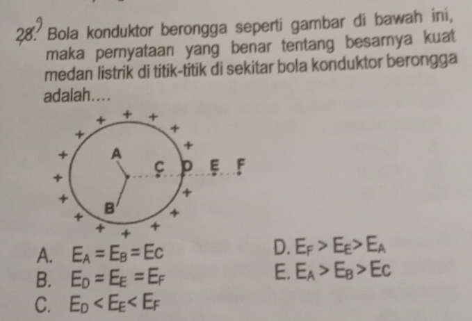 Bola konduktor berongga seperti gambar di bawah ini,
maka pernyataan yang benar tentang besarnya kuat
medan listrik di titik-titik di sekitar bola konduktor berongga
adalah....
E F
A. E_A=E_B=Ec
D. E_F>E_E>E_A
B. E_D=E_E=E_F
E. E_A>E_B>Ec
C. E_D