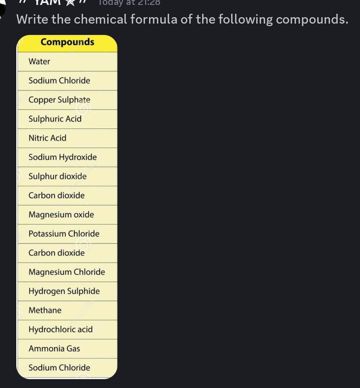 Today at 21:28 
Write the chemical formula of the following compounds.