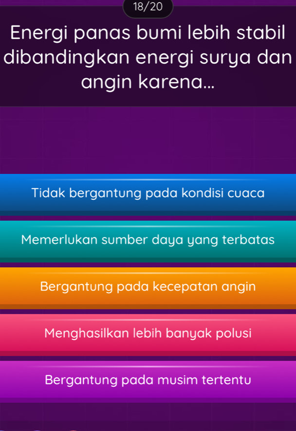 18/20
Energi panas bumi lebih stabil
dibandingkan energi surya dan
angin karena...
Tidak bergantung pada kondisi cuaca
Memerlukan sumber daya yang terbatas
Bergantung pada kecepatan angin
Menghasilkan lebih banyak polusi
Bergantung pada musim tertentu