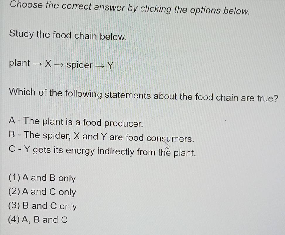 Choose the correct answer by clicking the options below.
Study the food chain below.
plant → X → spider → Y
Which of the following statements about the food chain are true?
A - The plant is a food producer.
B - The spider, X and Y are food consumers.
C - Y gets its energy indirectly from the plant.
(1) A and B only
(2) A and C only
(3) B and C only
(4) A, B and C