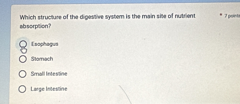 Which structure of the digestive system is the main site of nutrient 7 points
absorption?
Esophagus
Stomach
Small Intestine
Large Intestine