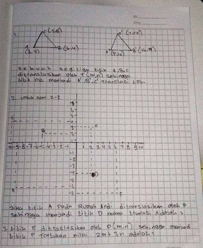 c(5,8)
(.
A B (6,4) B'(16,9)
(3,4)
se buar segiliga titix A, B, C
ditranslasikan oleh T(m,n) schingga
bitik Wa meniad A',B' ,cTranslasi tsb-
2. unton soal 2-3
6
E
5
- -u
1
3 1
1 B  2
1
-0-9 -8 -7 -b -3 2 -1 1 2 3 b 7 8 g 10
1
1 1
-2 1 1
-3
1
1
y
1
rs
f -6
7
E
bikg titiL A Padm Rumab Andi ditranslasikan deh p
seningga menoadi titin D mana Lrunlasi Adoigh2
3. biki  dikraslasikan olch p(m,n) sehingga mensad
bilik F TontuKan miai 2m+3n adalah?