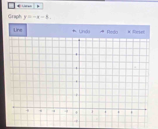 ) Listen 
Graph y=-x-8. 
Line Undo Redo × Reset
