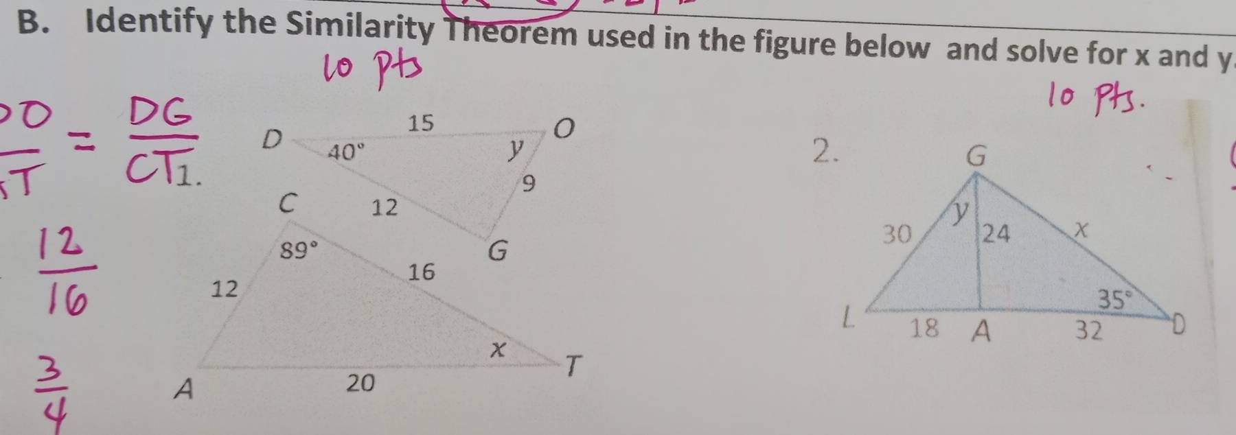 Identify the Similarity Theorem used in the figure below and solve for x and y